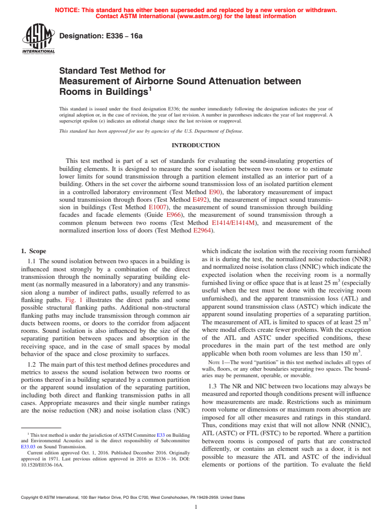 ASTM E336-16a - Standard Test Method for  Measurement of Airborne Sound Attenuation between Rooms in  Buildings