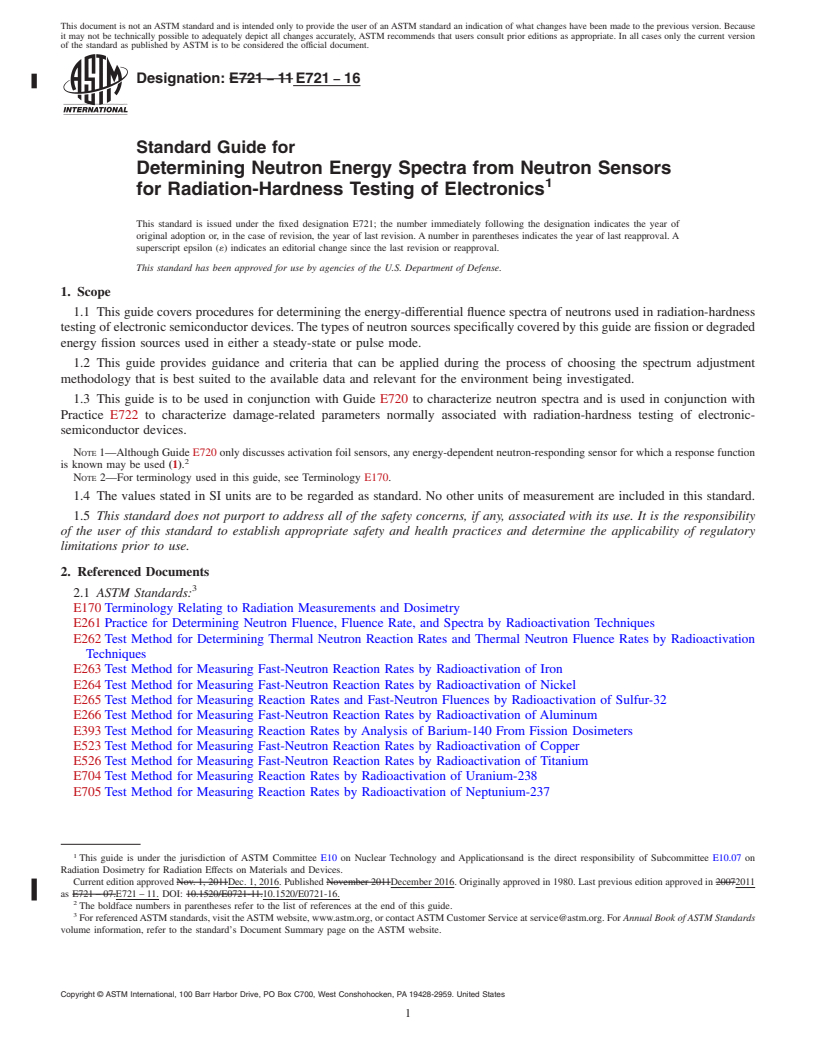 REDLINE ASTM E721-16 - Standard Guide for  Determining Neutron Energy Spectra from Neutron Sensors for  Radiation-Hardness Testing of Electronics