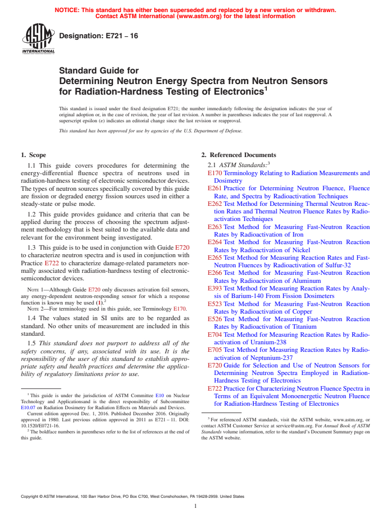 ASTM E721-16 - Standard Guide for  Determining Neutron Energy Spectra from Neutron Sensors for  Radiation-Hardness Testing of Electronics