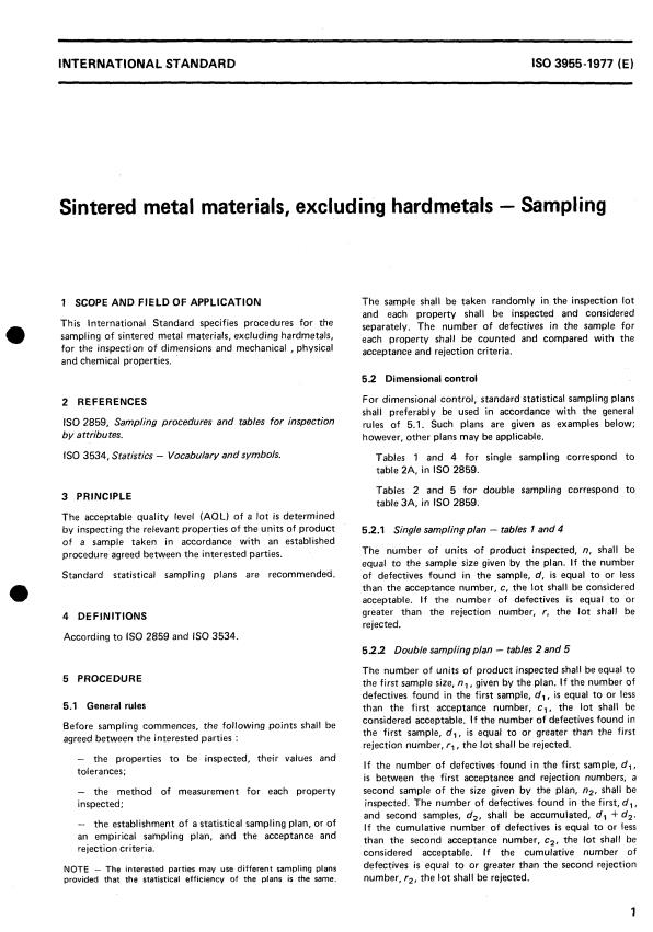 ISO 3955:1977 - Sintered metal materials, excluding hardmetals -- Sampling