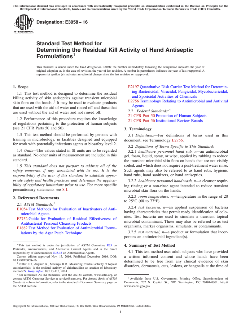 ASTM E3058-16 - Standard Test Method for Determining the Residual Kill Activity of Hand Antiseptic Formulations