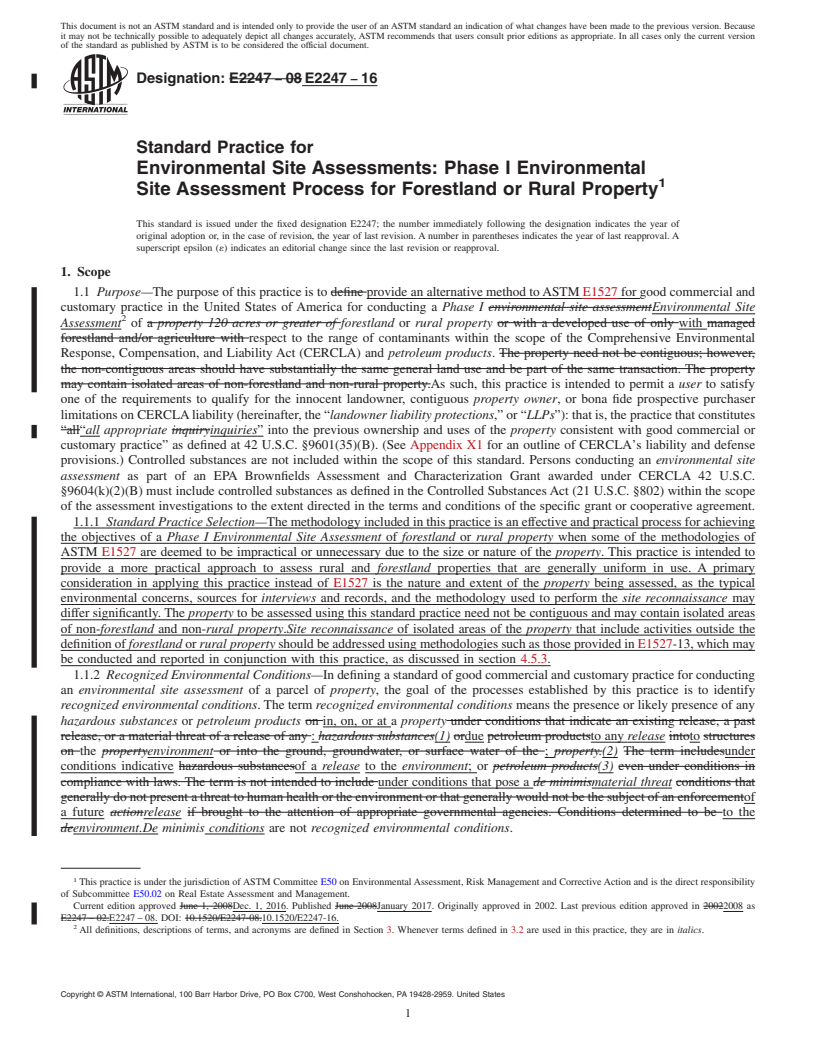 REDLINE ASTM E2247-16 - Standard Practice for Environmental Site Assessments: Phase I Environmental Site  Assessment Process for Forestland or Rural Property