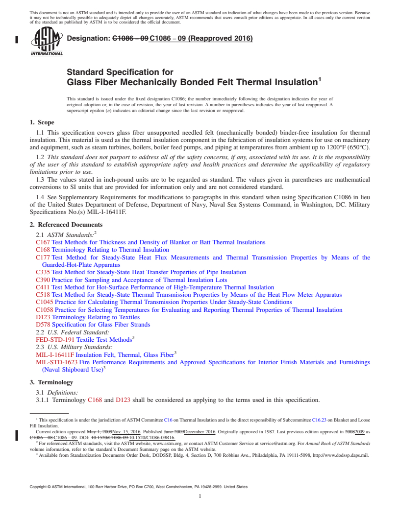 REDLINE ASTM C1086-09(2016) - Standard Specification for  Glass Fiber Mechanically Bonded Felt Thermal Insulation