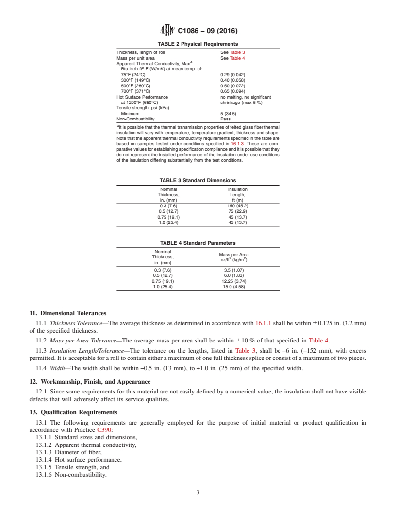 REDLINE ASTM C1086-09(2016) - Standard Specification for  Glass Fiber Mechanically Bonded Felt Thermal Insulation