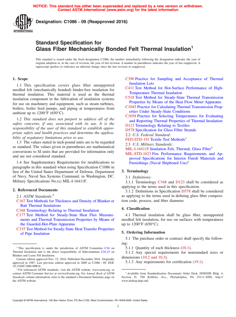 ASTM C1086-09(2016) - Standard Specification for  Glass Fiber Mechanically Bonded Felt Thermal Insulation