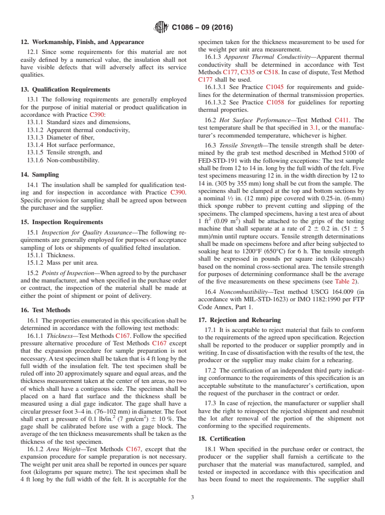 ASTM C1086-09(2016) - Standard Specification for  Glass Fiber Mechanically Bonded Felt Thermal Insulation