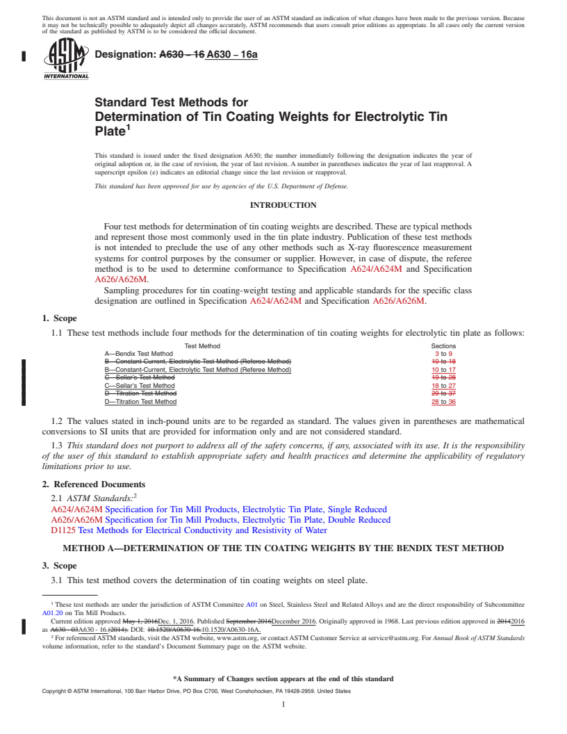 REDLINE ASTM A630-16a - Standard Test Methods for  Determination of Tin Coating Weights for Electrolytic Tin Plate