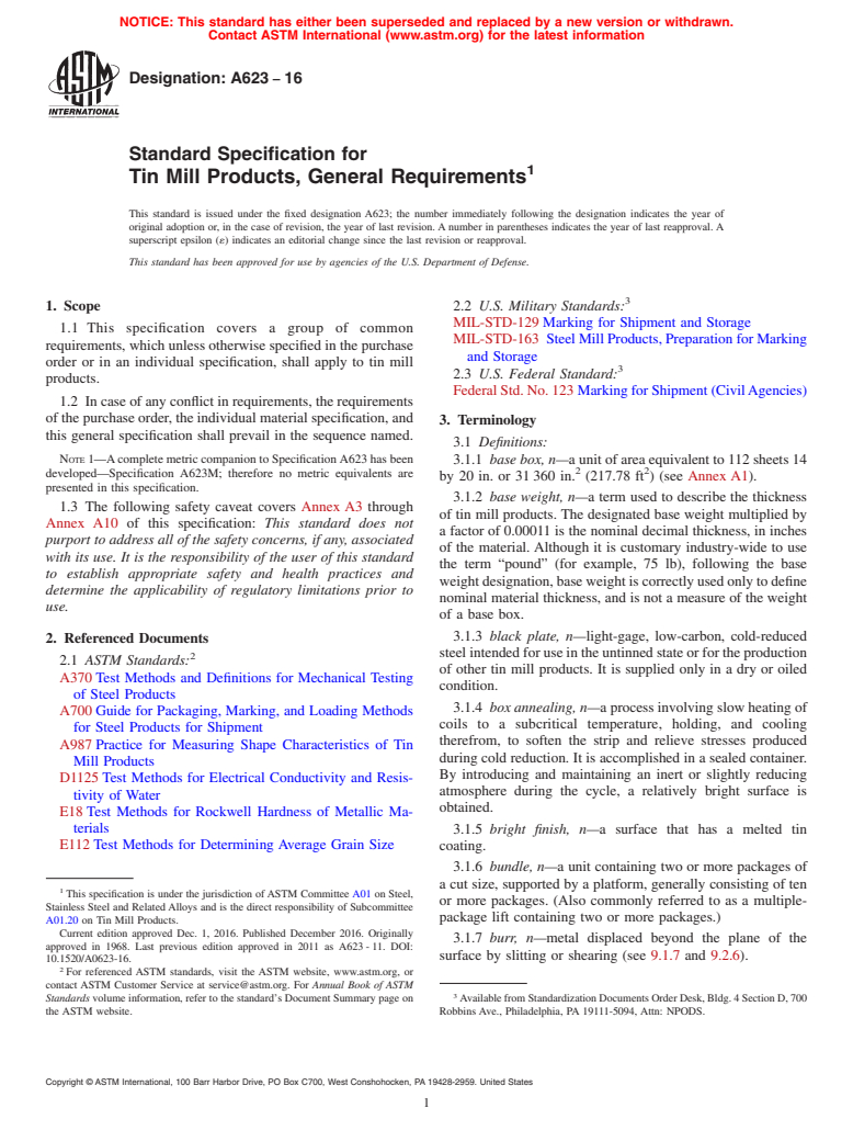 ASTM A623-16 - Standard Specification for  Tin Mill Products, General Requirements