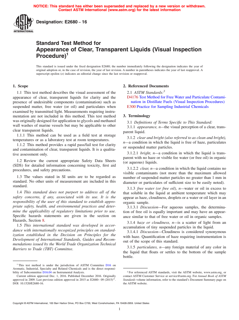 ASTM E2680-16 - Standard Test Method for Appearance of Clear, Transparent Liquids (Visual Inspection  Procedure)