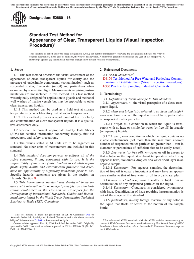 ASTM E2680-16 - Standard Test Method for Appearance of Clear, Transparent Liquids (Visual Inspection  Procedure)