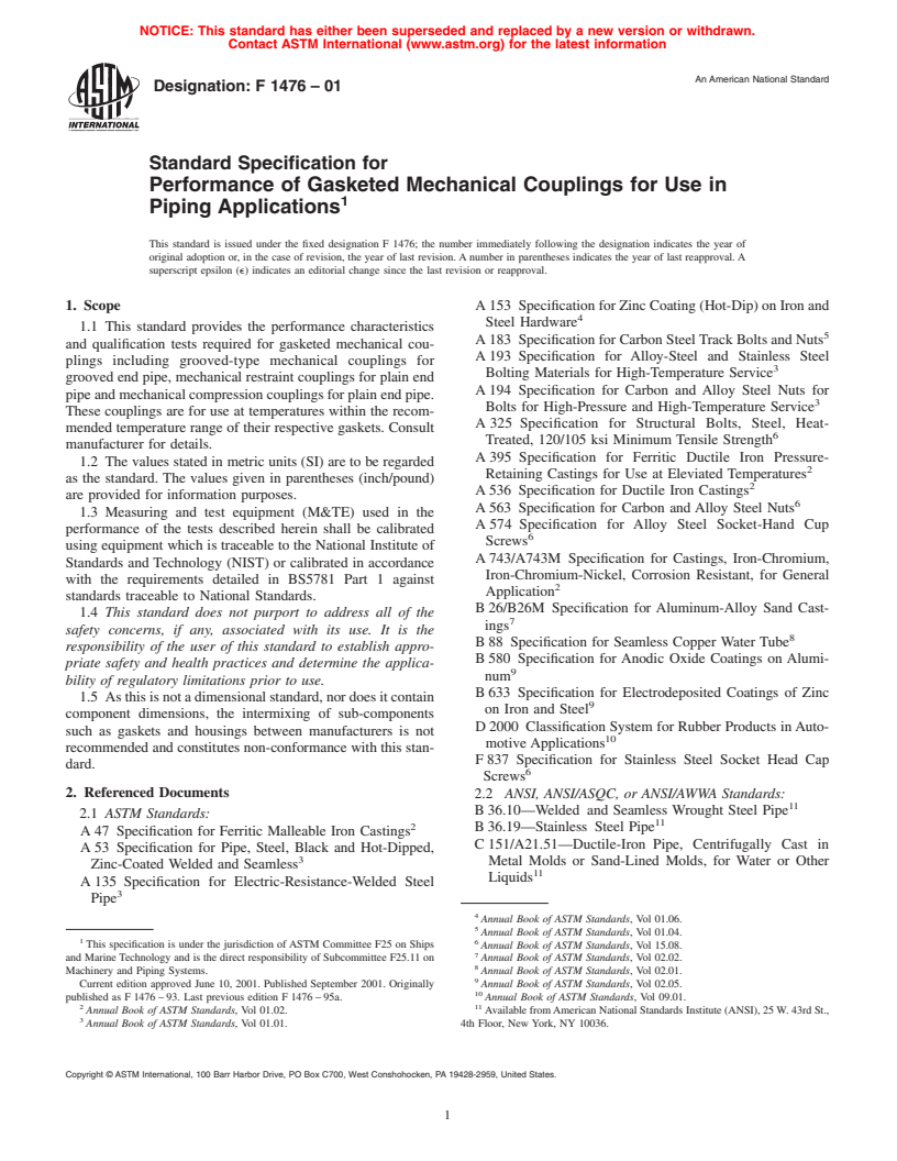 ASTM F1476-01 - Standard Specification for Performance of Gasketed Mechanical Couplings for Use in Piping Applications