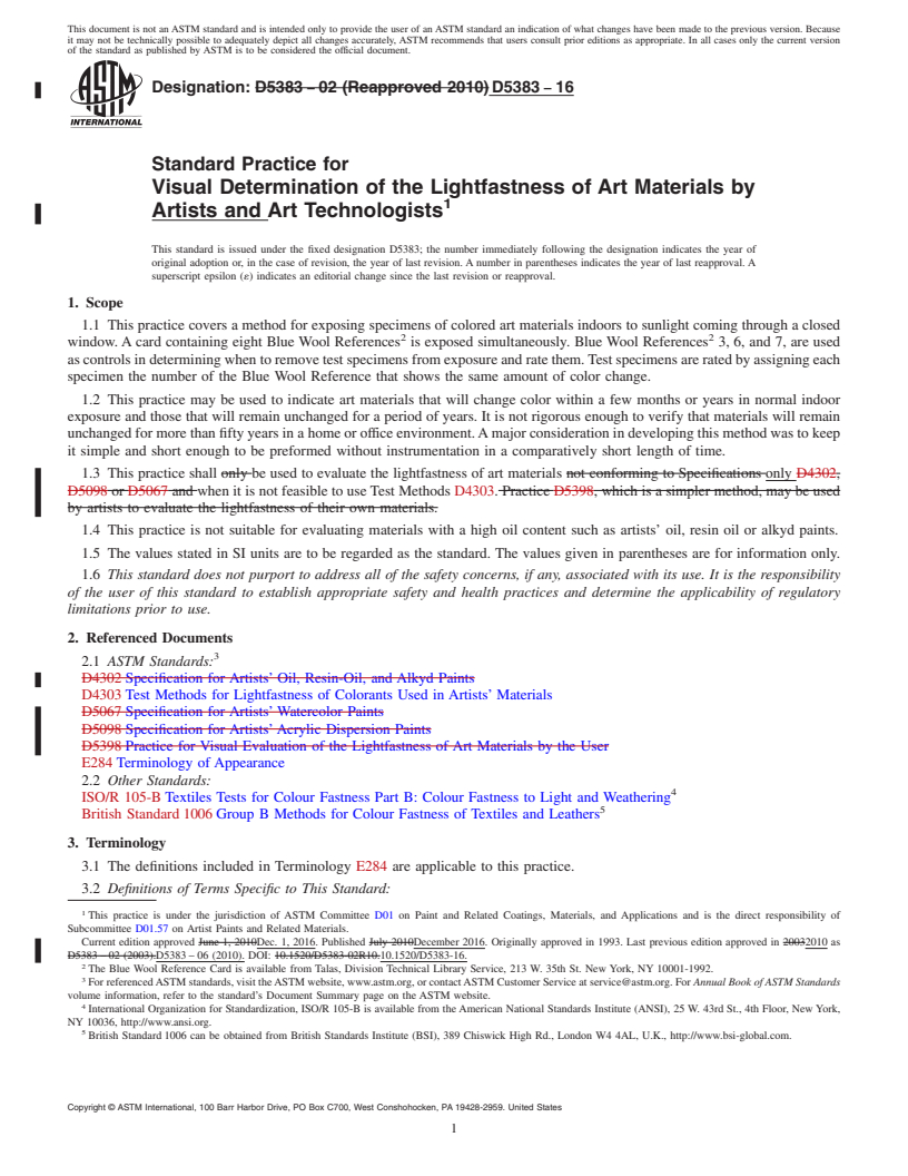 REDLINE ASTM D5383-16 - Standard Practice for Visual Determination of the Lightfastness of Art Materials   by Artists and Art Technologists