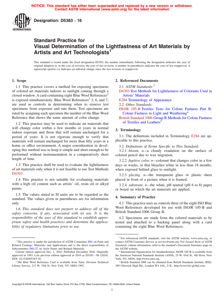 ASTM D5383-16 - Standard Practice for Visual Determination of the Lightfastness of Art Materials   by Artists and Art Technologists