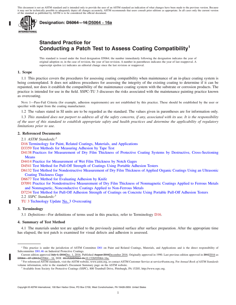 REDLINE ASTM D5064-16a - Standard Practice for Conducting a Patch Test to Assess Coating Compatibility