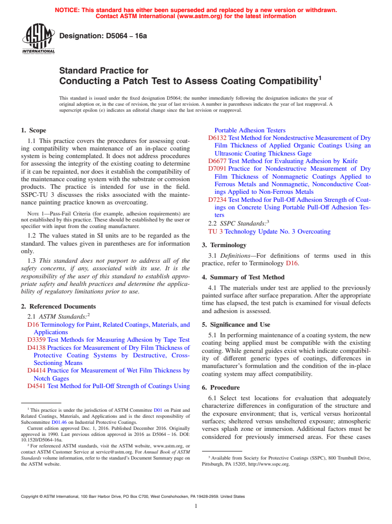 ASTM D5064-16a - Standard Practice for Conducting a Patch Test to Assess Coating Compatibility