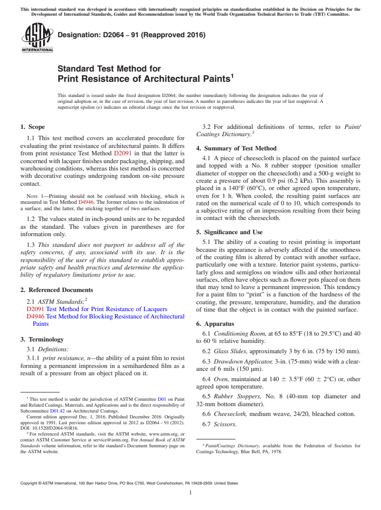 ASTM D2064-91(2016) - Standard Test Method for Print Resistance of Architectural Paints