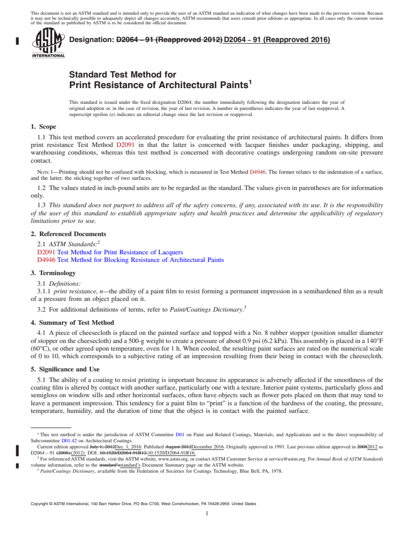 REDLINE ASTM D2064-91(2016) - Standard Test Method for Print Resistance of Architectural Paints