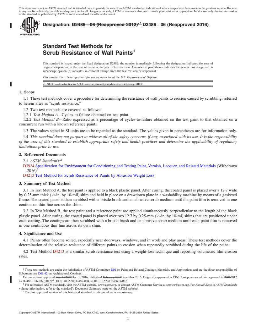 REDLINE ASTM D2486-06(2016) - Standard Test Methods for Scrub Resistance of Wall Paints