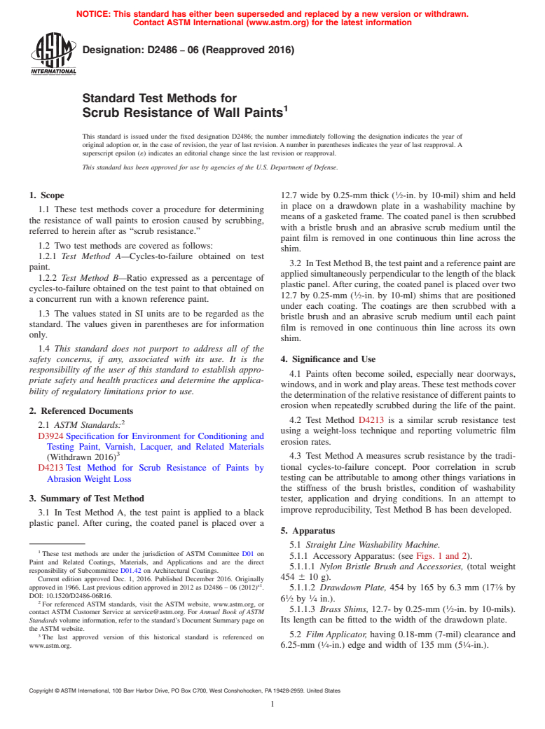 ASTM D2486-06(2016) - Standard Test Methods for Scrub Resistance of Wall Paints