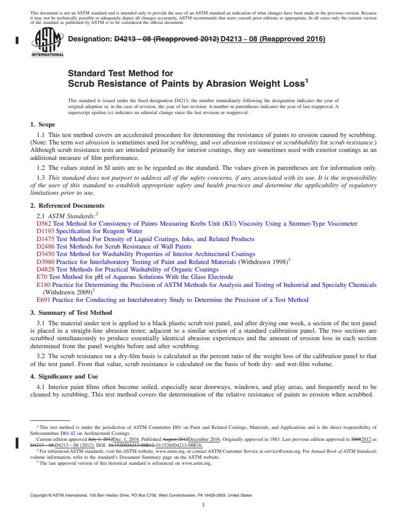 REDLINE ASTM D4213-08(2016) - Standard Test Method for Scrub Resistance of Paints by Abrasion Weight Loss