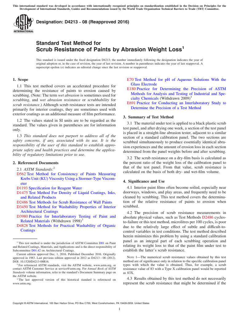 ASTM D4213-08(2016) - Standard Test Method for Scrub Resistance of Paints by Abrasion Weight Loss