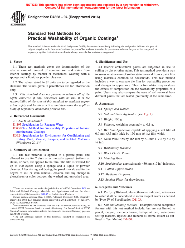 ASTM D4828-94(2016) - Standard Test Methods for Practical Washability of Organic Coatings