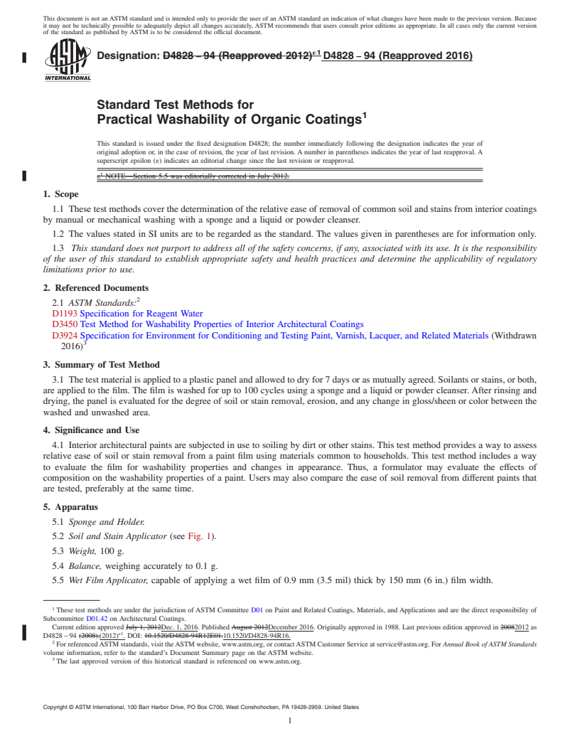 REDLINE ASTM D4828-94(2016) - Standard Test Methods for Practical Washability of Organic Coatings