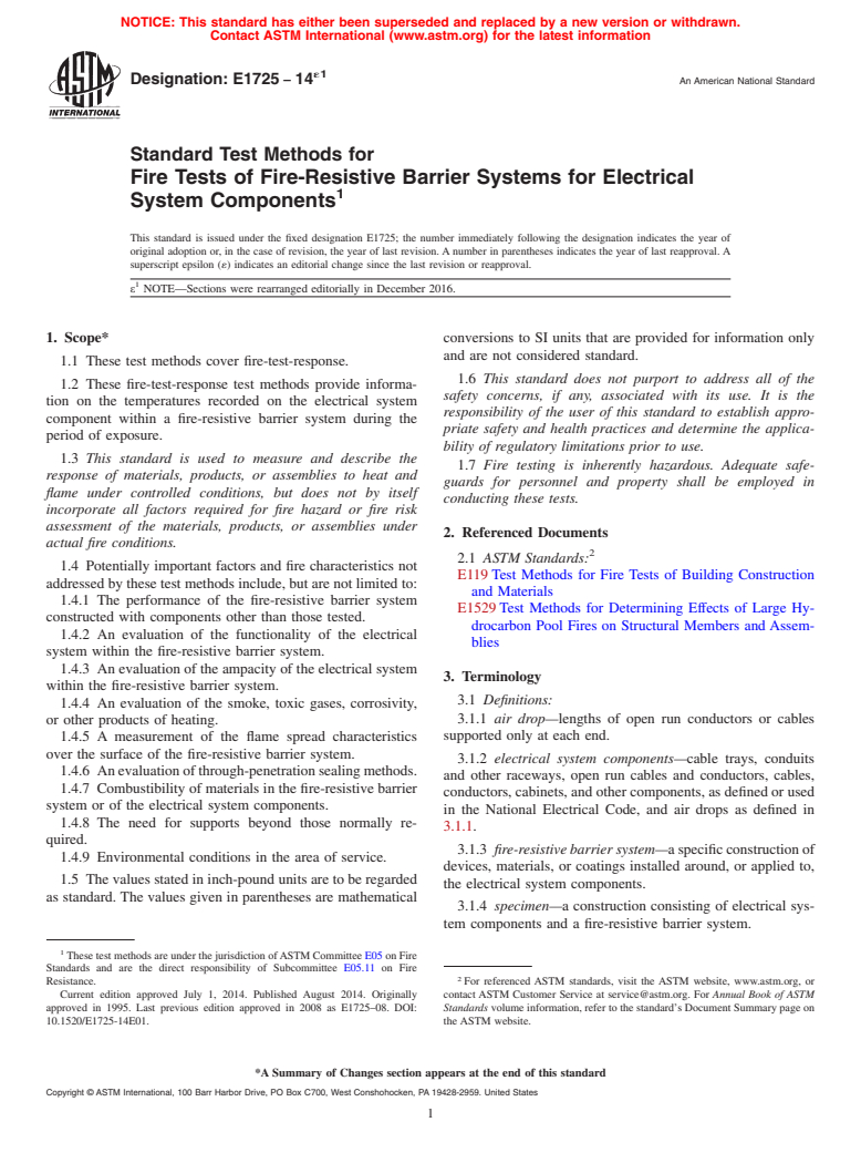 ASTM E1725-14e1 - Standard Test Methods for  Fire Tests of Fire-Resistive Barrier Systems for Electrical  System Components