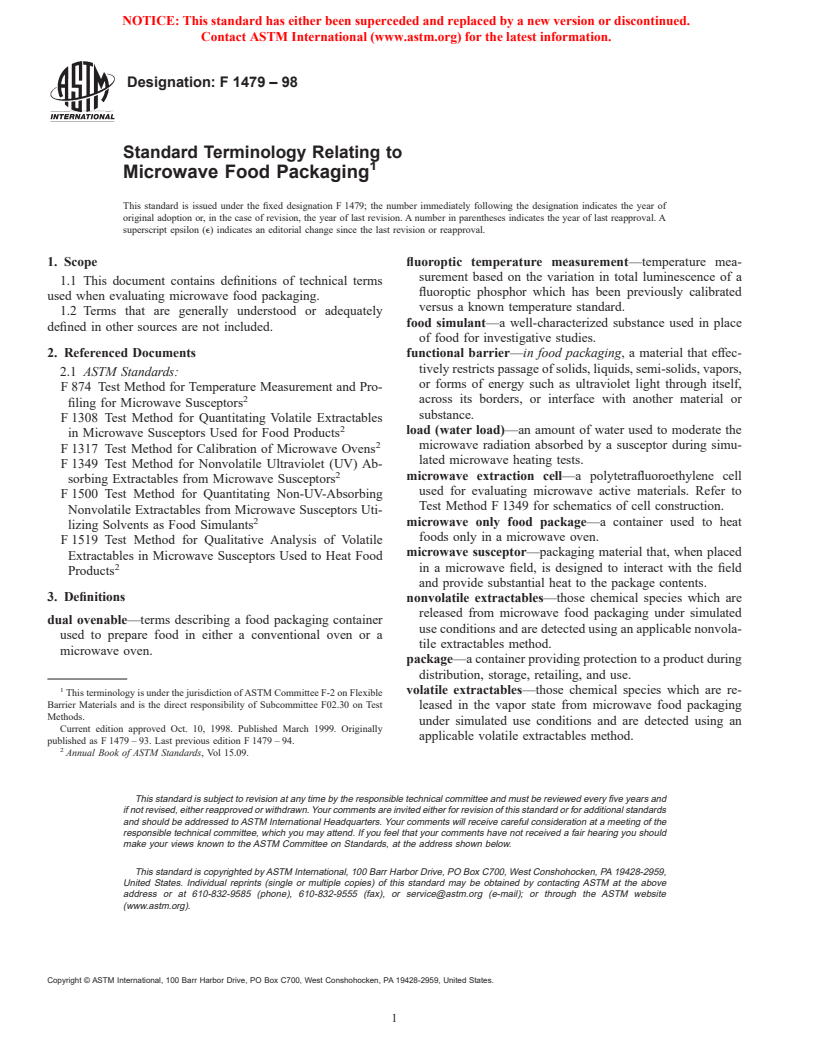 ASTM F1479-98 - Standard Terminology Relating to Microwave Food Packaging