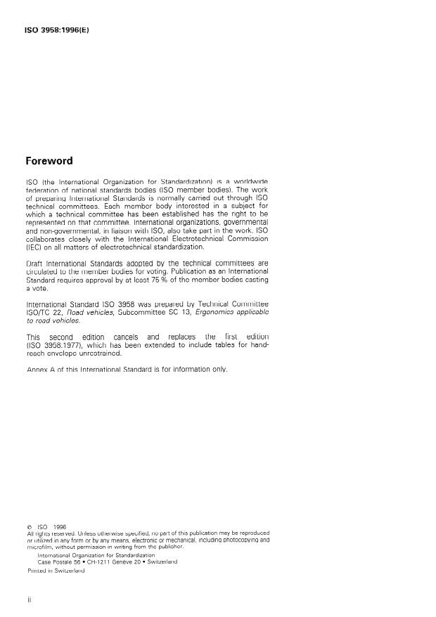 ISO 3958:1996 ISO 3958:1996 - Passenger cars -- Driver hand-control reach - Page 2 preview