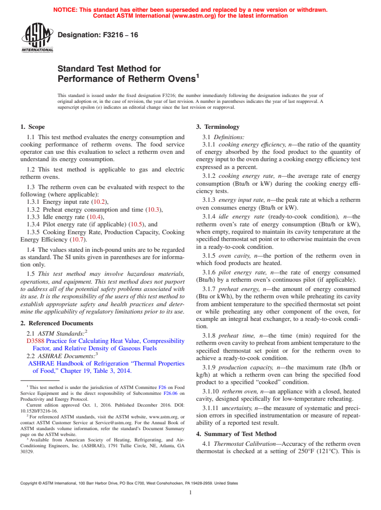 ASTM F3216-16 - Standard Test Method for Performance of Retherm Ovens