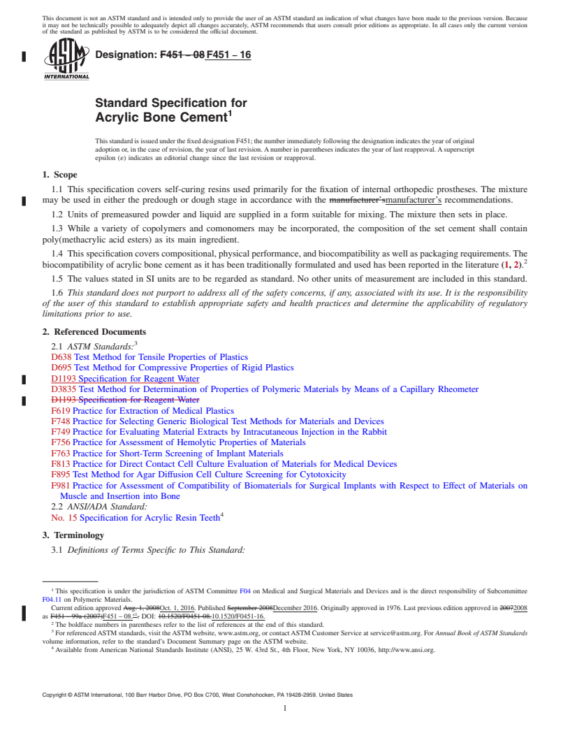 REDLINE ASTM F451-16 - Standard Specification for Acrylic Bone Cement