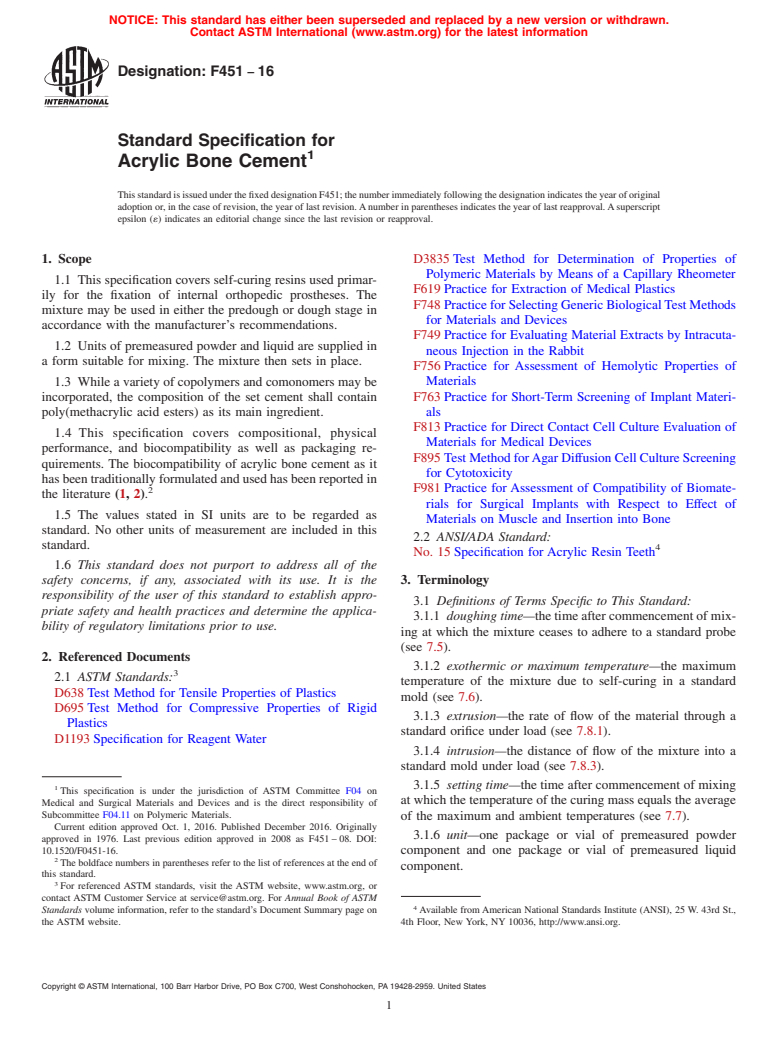 ASTM F451-16 - Standard Specification for Acrylic Bone Cement