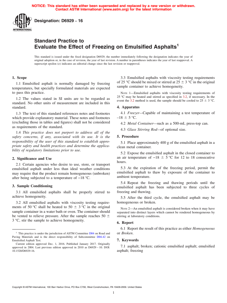 ASTM D6929-16 - Standard Practice to Evaluate the Effect of Freezing on Emulsified Asphalts