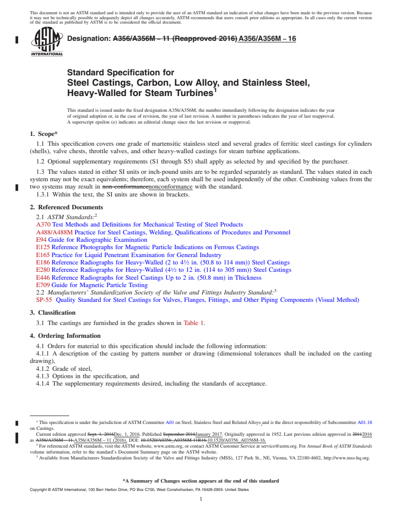 REDLINE ASTM A356/A356M-16 - Standard Specification for  Steel Castings, Carbon, Low Alloy, and Stainless Steel, Heavy-Walled  for Steam Turbines