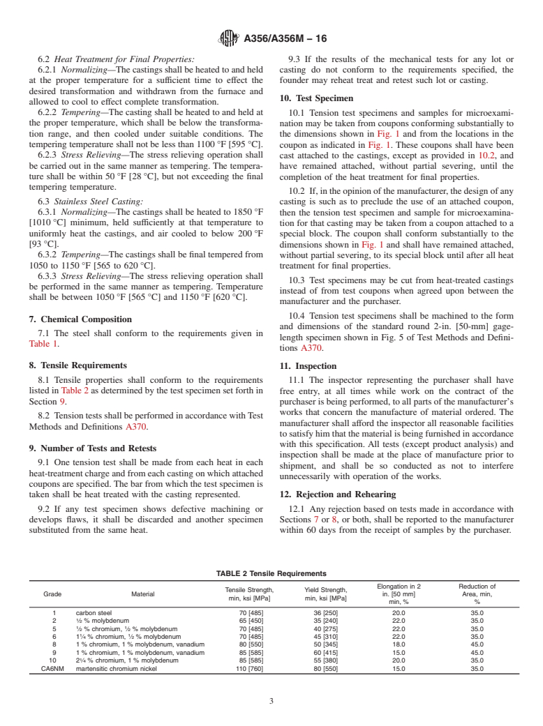 ASTM A356/A356M-16 - Standard Specification for  Steel Castings, Carbon, Low Alloy, and Stainless Steel, Heavy-Walled  for Steam Turbines