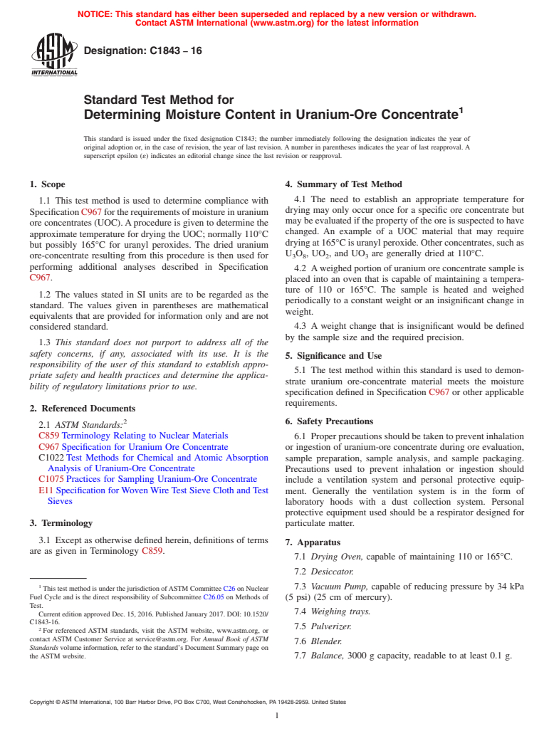 ASTM C1843-16 - Standard Test Method for Determining Moisture Content in Uranium-Ore Concentrate