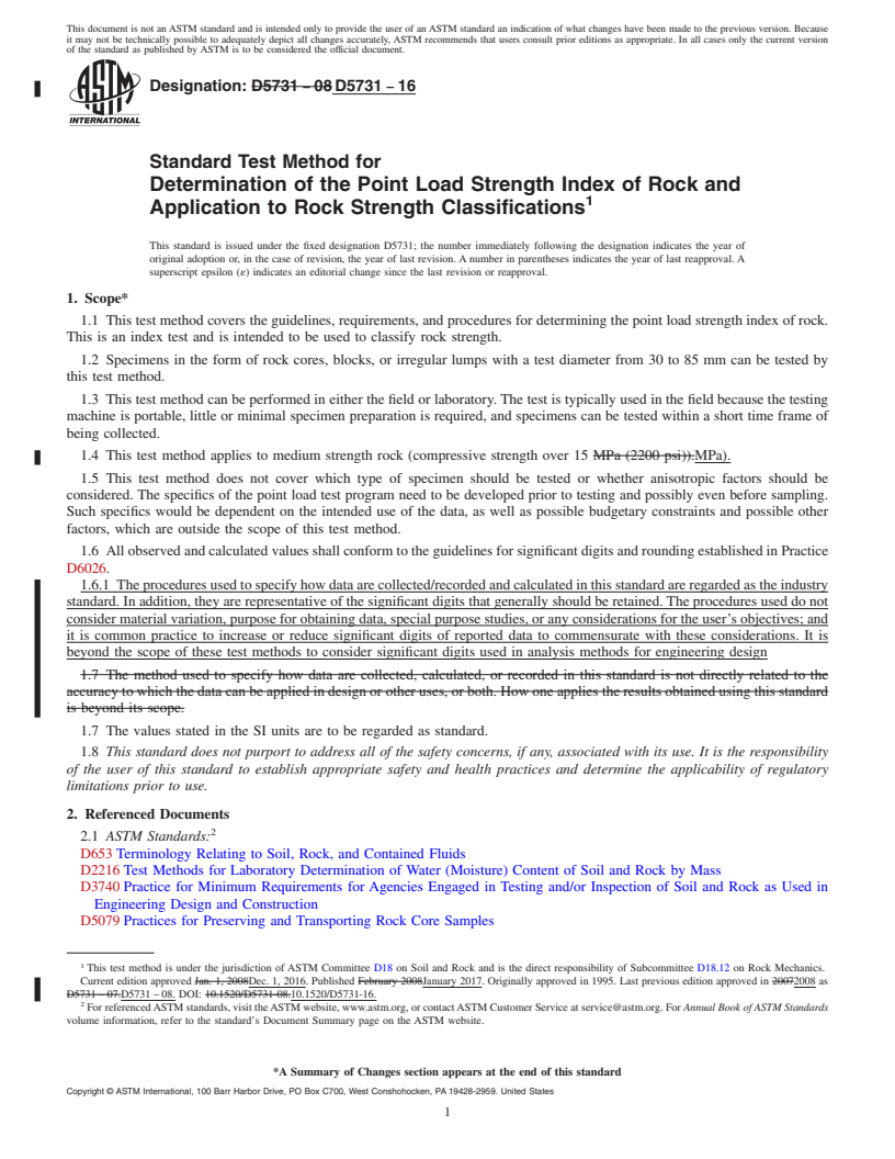 REDLINE ASTM D5731-16 - Standard Test Method for  Determination of the Point Load Strength Index of Rock and  Application to Rock Strength Classifications