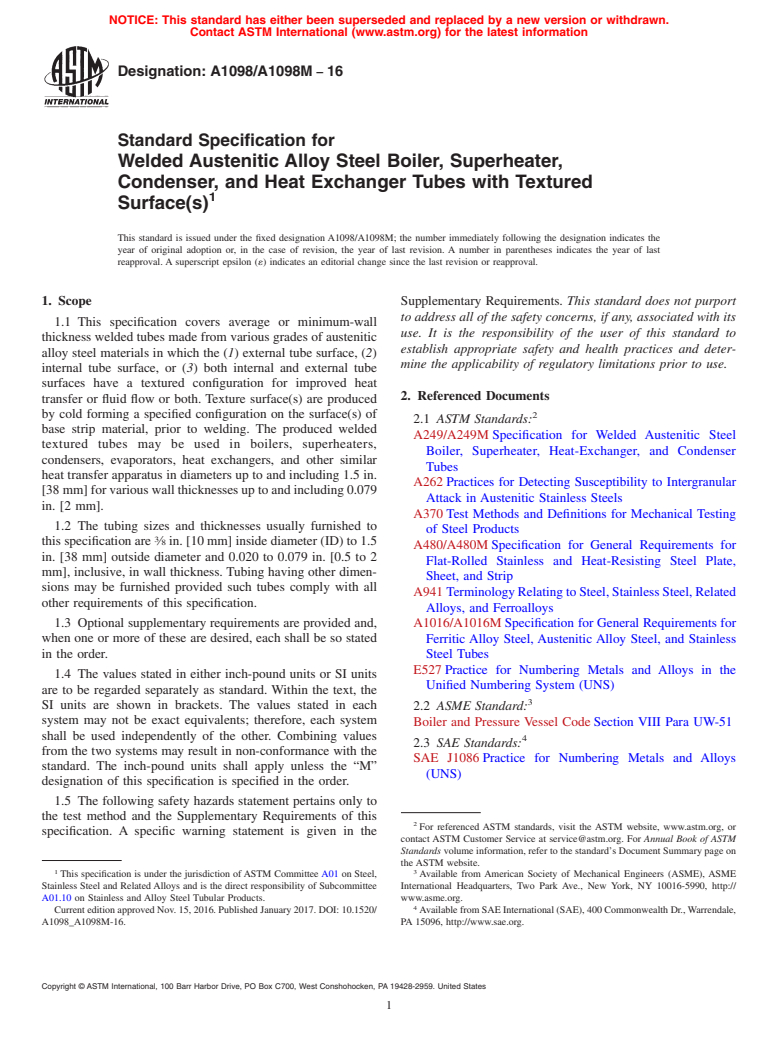 ASTM A1098/A1098M-16 - Standard Specification for Welded Austenitic Alloy Steel Boiler, Superheater, Condenser,  and Heat Exchanger Tubes with Textured Surface(s)
