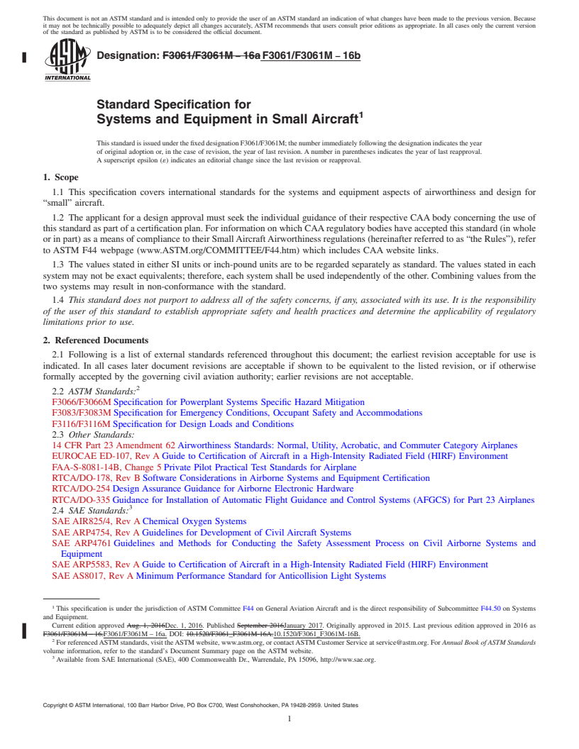 REDLINE ASTM F3061/F3061M-16b - Standard Specification for Systems and Equipment in Small Aircraft