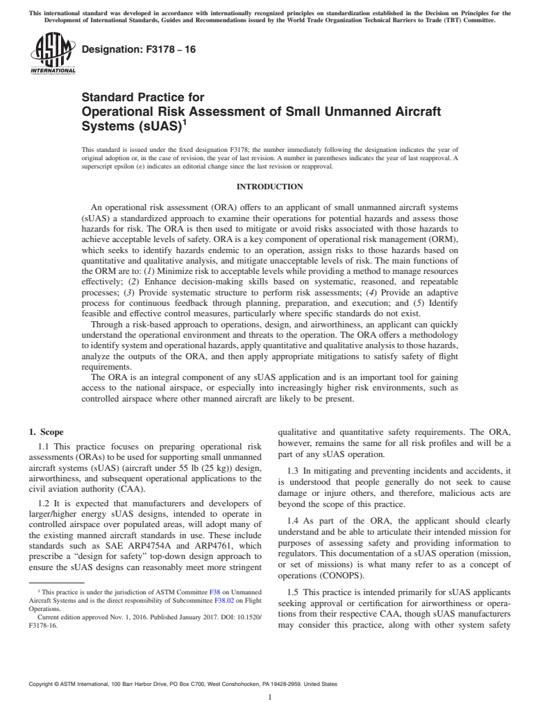 ASTM F3178-16 - Standard Practice for Operational Risk Assessment of Small Unmanned Aircraft Systems  (sUAS)