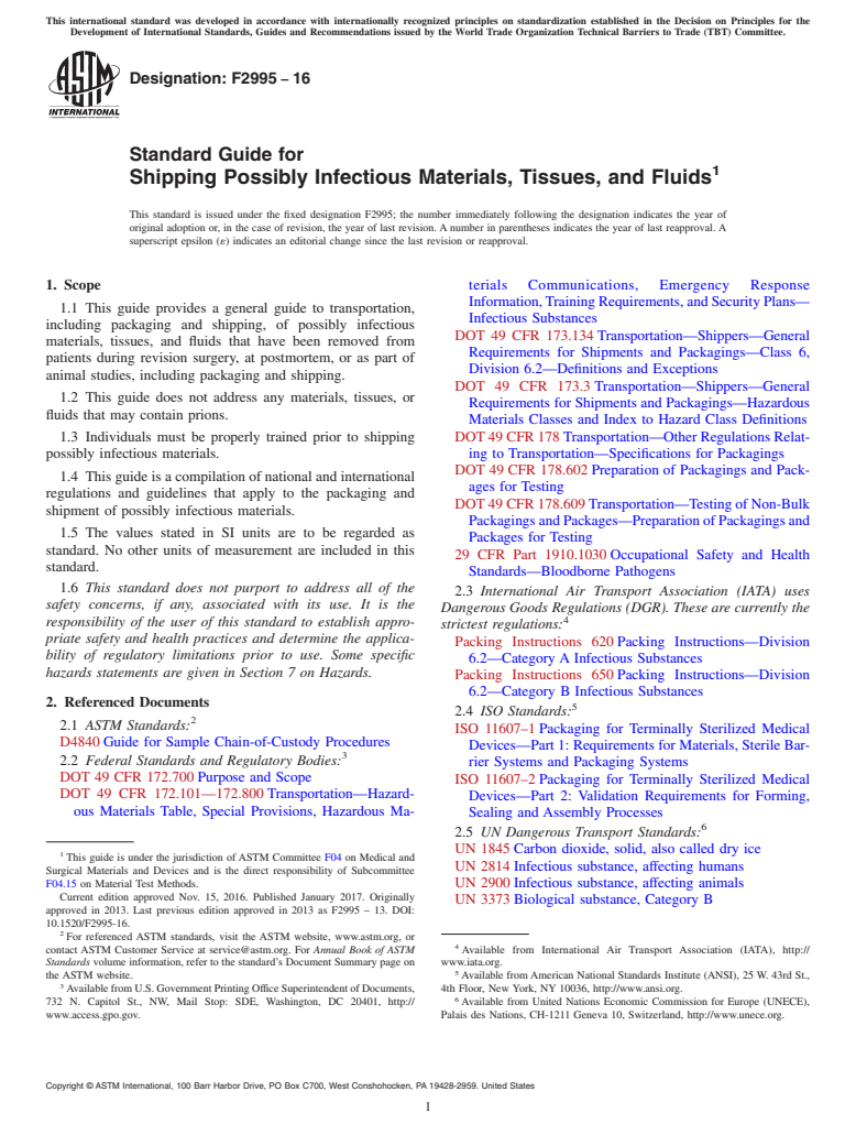 ASTM F2995-16 - Standard Guide for Shipping Possibly Infectious Materials, Tissues, and Fluids