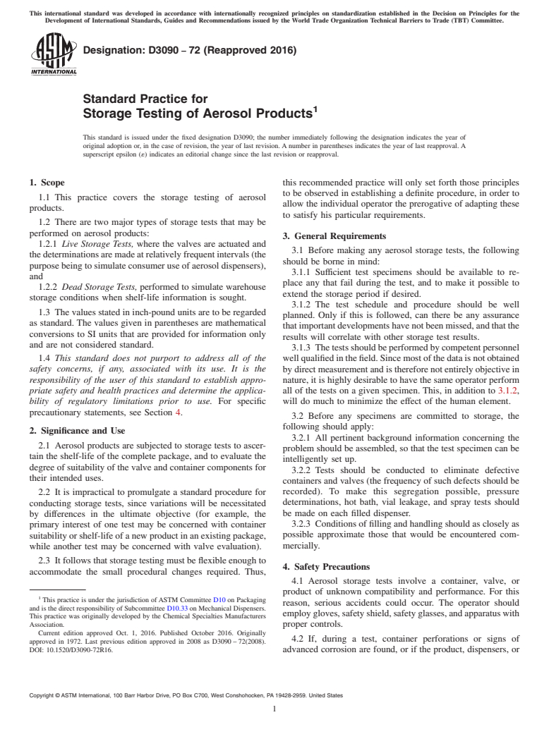 ASTM D3090-72(2016) - Standard Practice for  Storage Testing of Aerosol Products