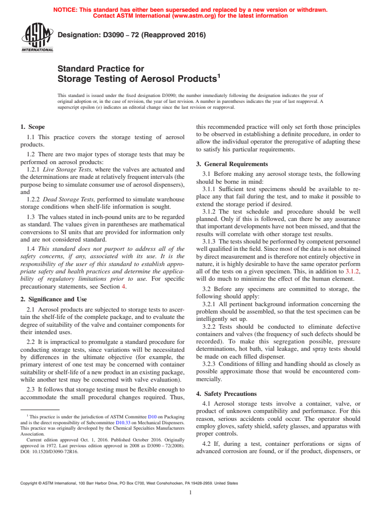 ASTM D3090-72(2016) - Standard Practice for  Storage Testing of Aerosol Products (Withdrawn 2023)