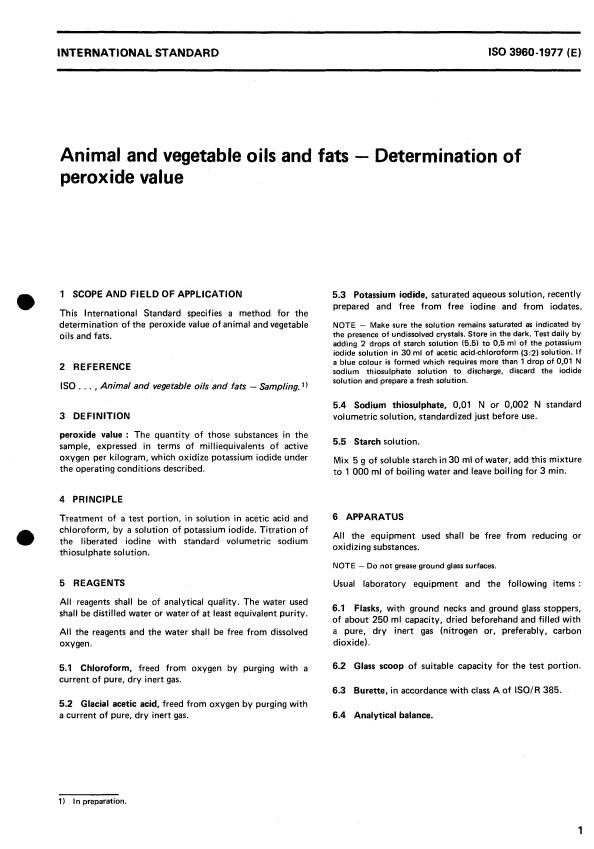 ISO 3960:1977 - Animal and vegetable oils and fats -- Determination of peroxide value