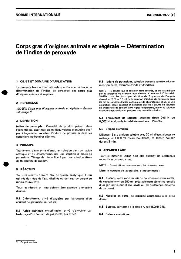 ISO 3960:1977 - Corps gras d'origines animale et végétale -- Détermination de l'indice de peroxyde
