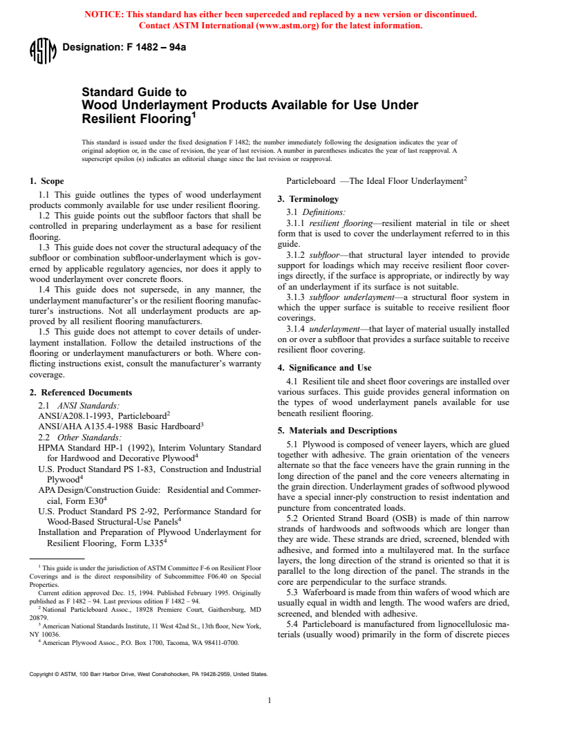 ASTM F1482-94a - Standard Guide to Wood Underlayment Products Available for Use Under Resilient Flooring