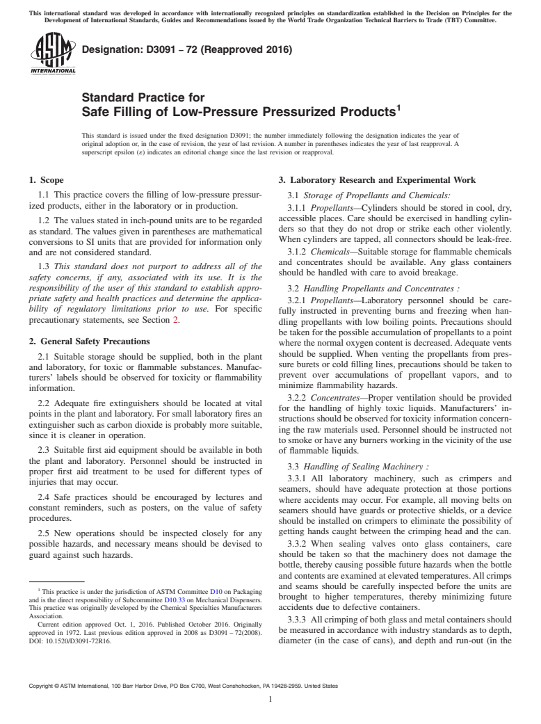 ASTM D3091-72(2016) - Standard Practice for  Safe Filling of Low-Pressure Pressurized Products