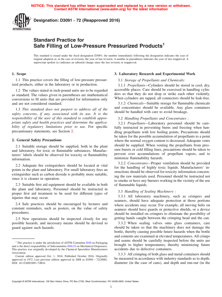 ASTM D3091-72(2016) - Standard Practice for  Safe Filling of Low-Pressure Pressurized Products (Withdrawn 2023)