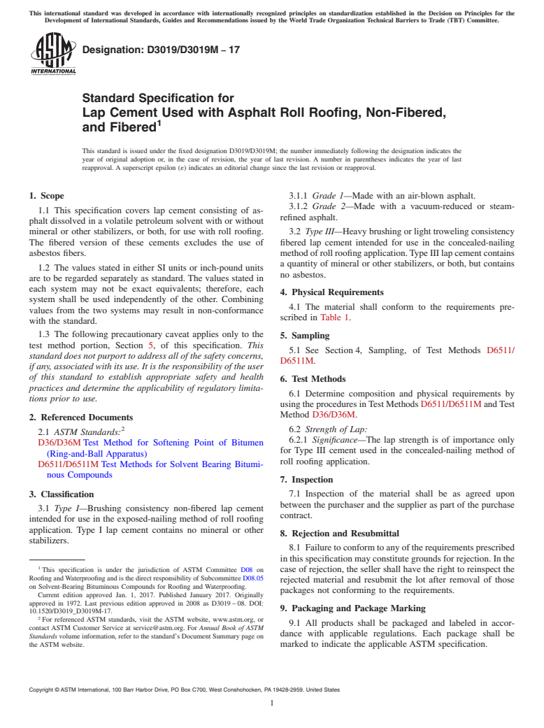 ASTM D3019/D3019M-17 - Standard Specification for  Lap Cement Used with Asphalt Roll Roofing, Non-Fibered, and  Fibered